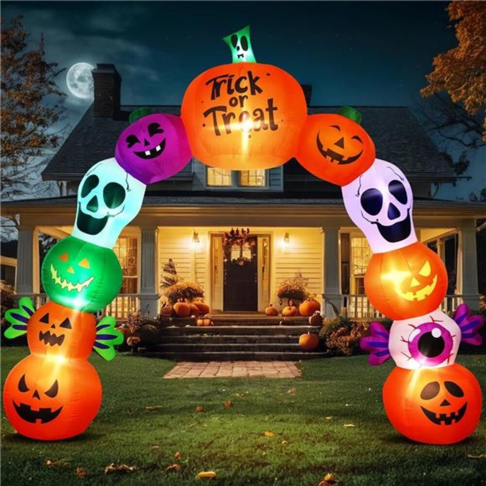 10FT Halloween Inflatables Pumpkin Skeleton Archway with Built-in LED Lights‎ –